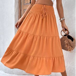 Orange Ruffle Hem  Knot Shirred Front Skirt